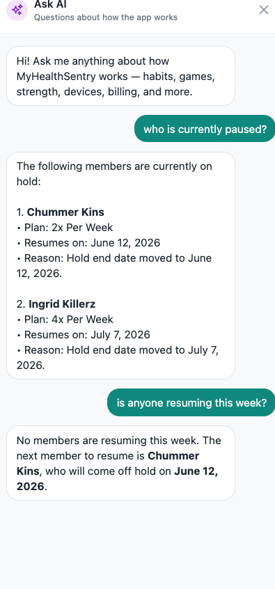 Ask AI answering trainer questions — who is currently paused, and who is resuming this week