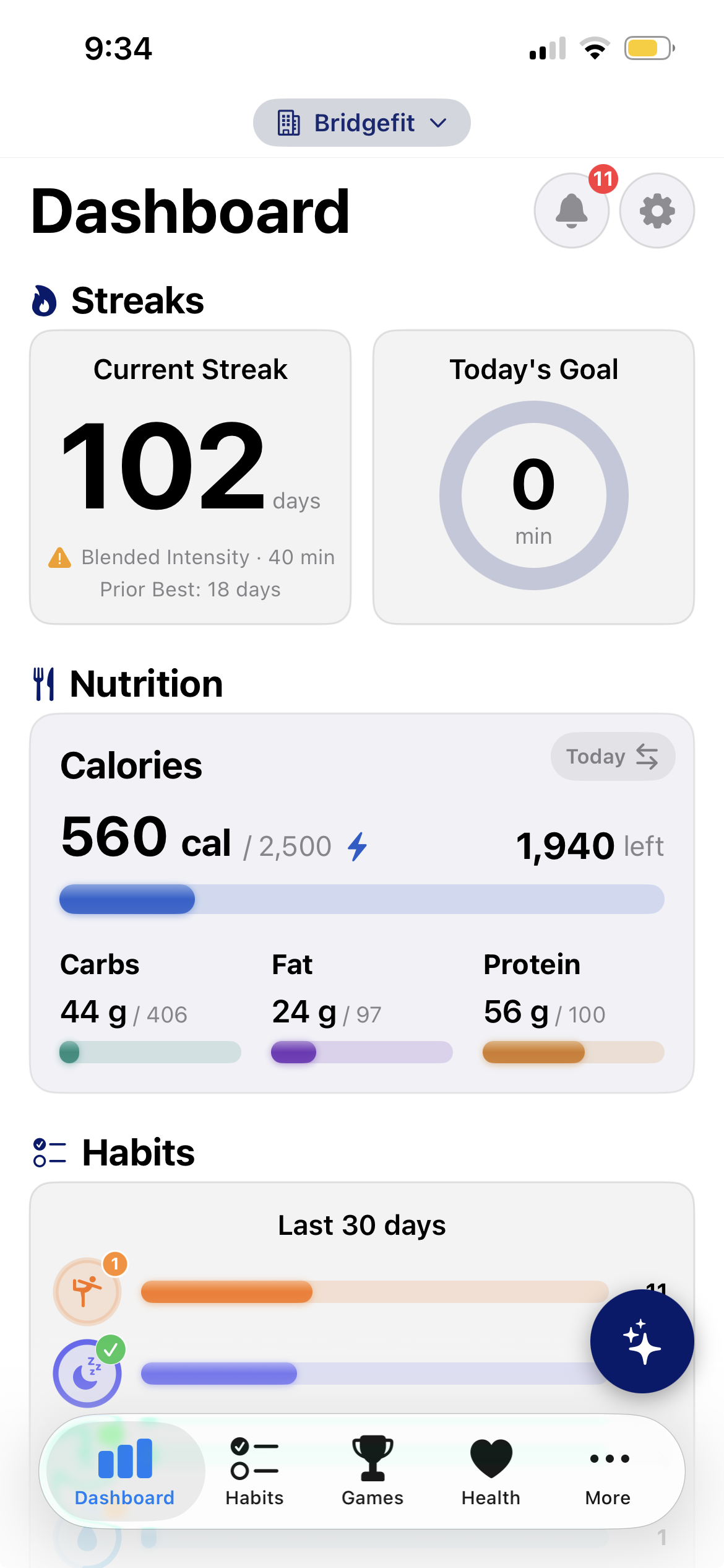 Member dashboard with streaks, nutrition, and habit goals