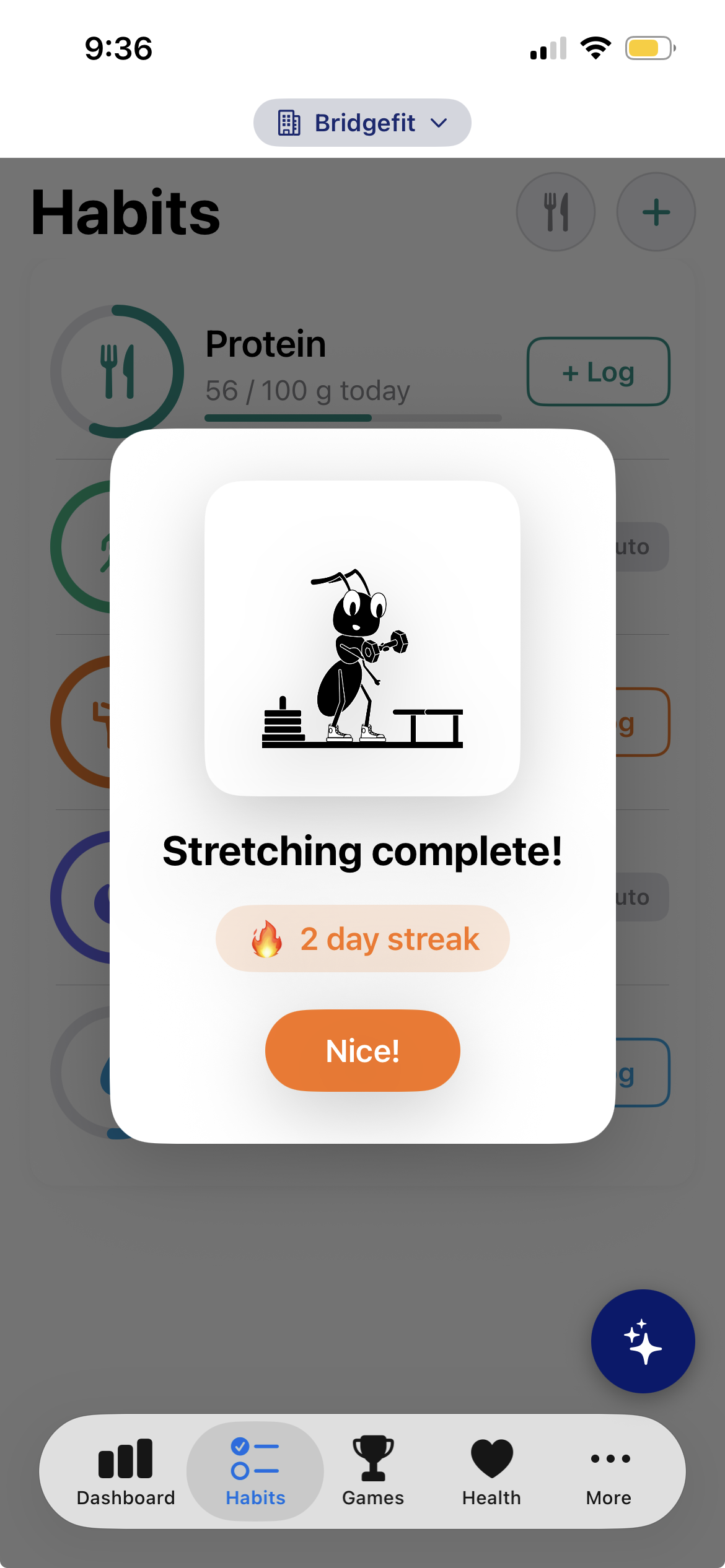 Habit complete celebration — Stretching complete with a streak badge