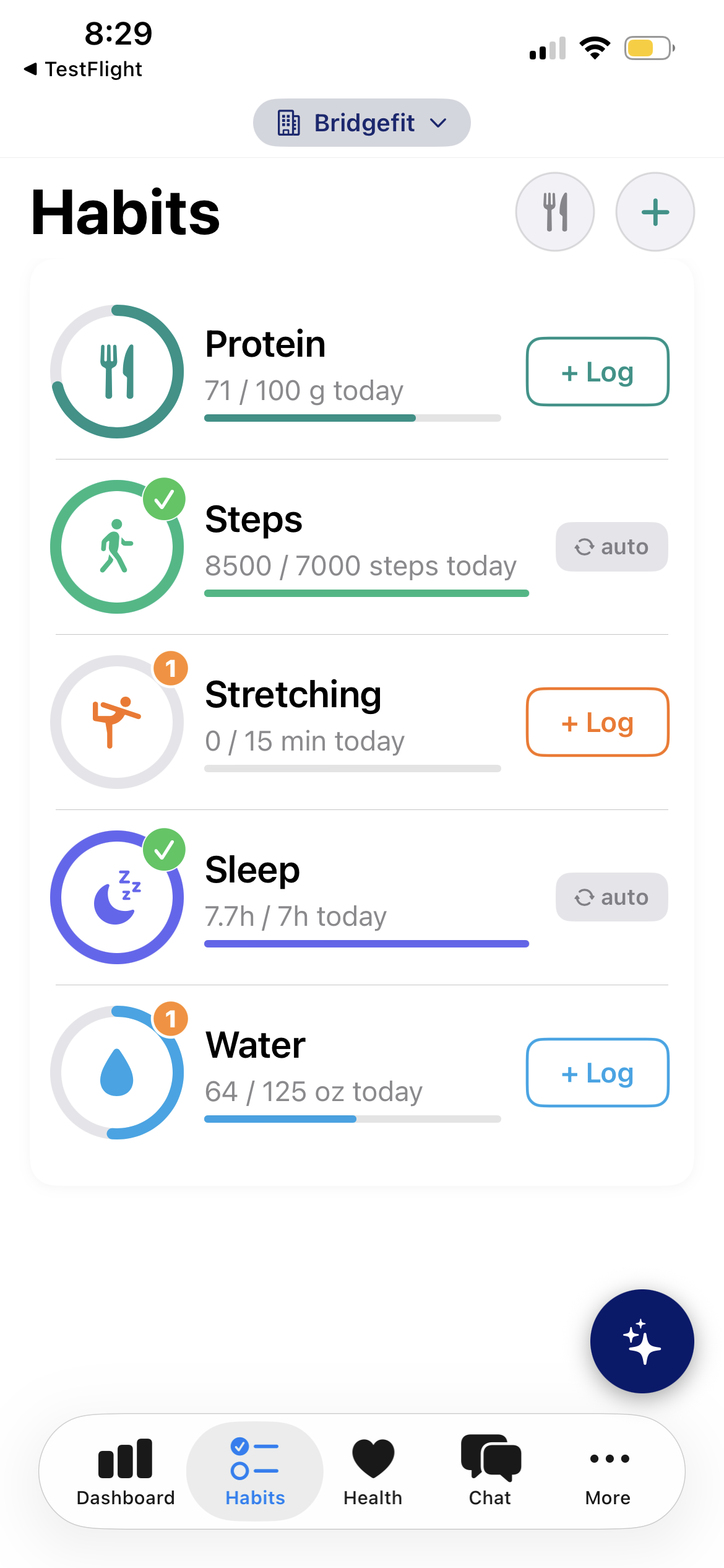 Habit tracking across protein, steps, stretching, sleep, and water — the factors outside a session that shape progress